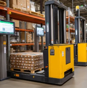 Warehouse storage area with pallets and industrial lifting equipment