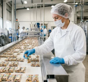 Worker packing assorted protein bars into cardboard boxes