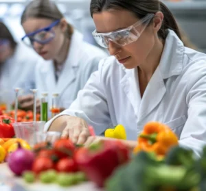 Food scientists testing fresh vegetables in a laboratory