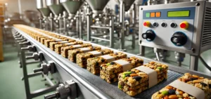 Protein bars being processed on an automated production machine
