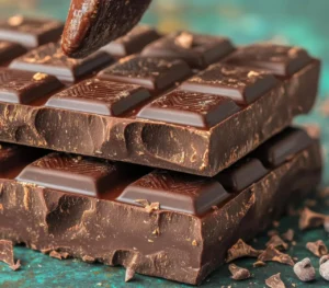Close-up of premium dark chocolate bars with chocolate topping