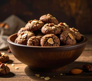 Bowl of chocolate cookies topped with almond slices on a wooden table