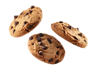 Floating chocolate chip cookies on a transparent background