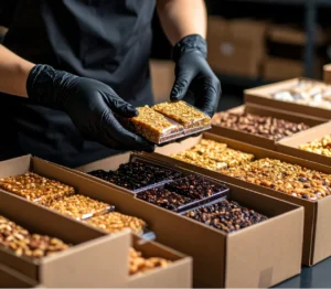 Worker packing assorted protein bars into cardboard boxes