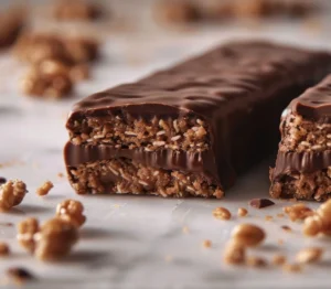 Close-up of chocolate-coated protein bar with crunchy nut filling