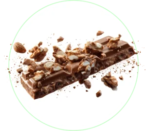 Chocolate protein bar with nuts and chocolate crumbs on a transparent background