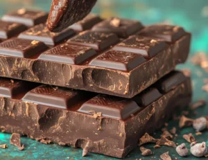 Close-up of premium dark chocolate bars with chocolate topping