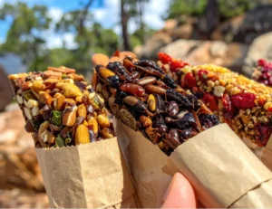 Assorted insect protein bars with nuts and dried fruits outdoors