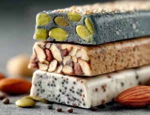 Stacked protein bars with nuts, seeds, and natural ingredients