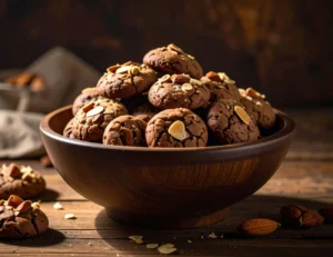 Bowl of chocolate cookies topped with almond slices on a wooden table