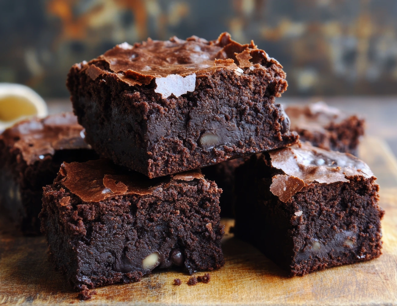 Close-up of rich chocolate brownies with a soft fudgy texture