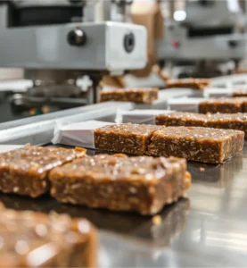 Protein bars moving through a food production line in a factory