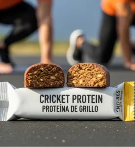 Cricket protein bar cut in half with athletes training in the background