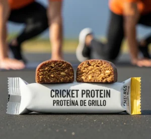 Cricket protein bar cut in half with athletes training in the background