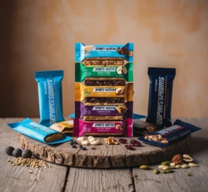 Assorted sports nutrition protein bars displayed on a wooden table