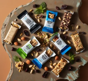 Protein bars with nuts and dried fruits arranged on a rustic table