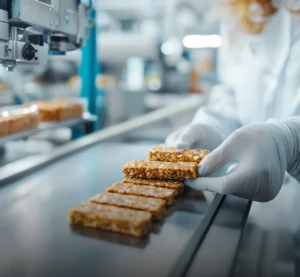 Protein bars being handled on a clean food production line