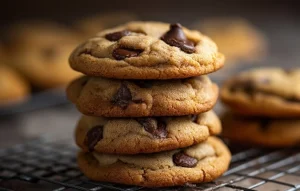 Stack of freshly baked chocolate chip cookies on a cooling rack